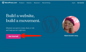 WordPress home page click on get started