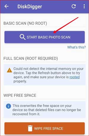 DiskDigger Photo Recovery app Basic Scan 