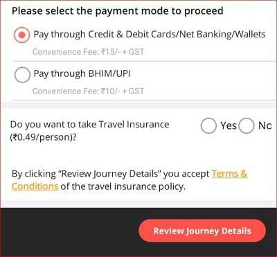 Select payment mode and choose between yes or no for travel insurance.