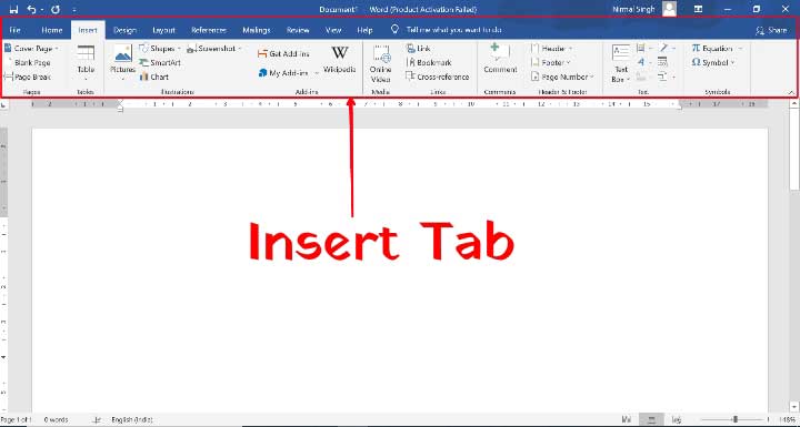 ms word insert tab